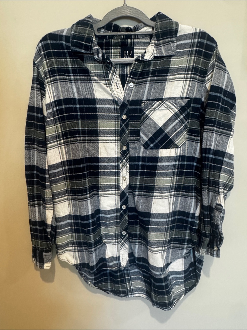 GAP Plaid Boyfriend Flannel Button Down Shirt Navy Green L